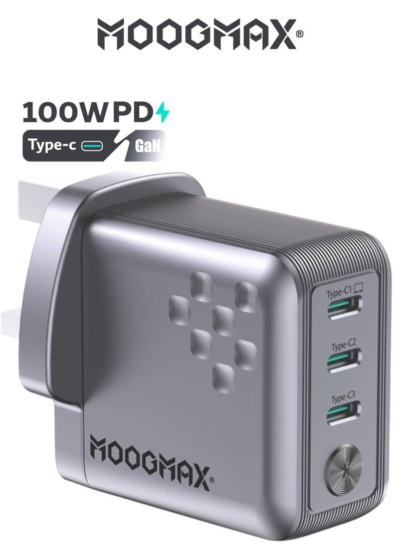 موجماكس راس شاحن تايب سي بثلاث مخارج تايب سي. فيش تايب سي بتقنية GaN لتحسين الأداء وخفض الحرارة. شاحن لابتوب سريع بقوة 100 واط. شاحن جداري بحجم صغير ومناسب لسفر. شاحن ايفون، ماك بوك، سامسونج، هواوي، لابتوب وعدة أجهزة أخرى. شاحن سريع لثلاث أجهزة في نفس الوقت. - Image 1